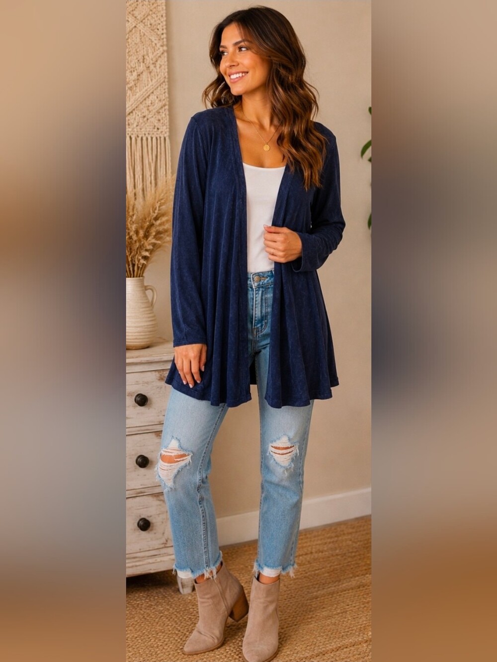 Francesca’s Boho Navy Floral Back Cardigan Large Soft Stretchy NWT